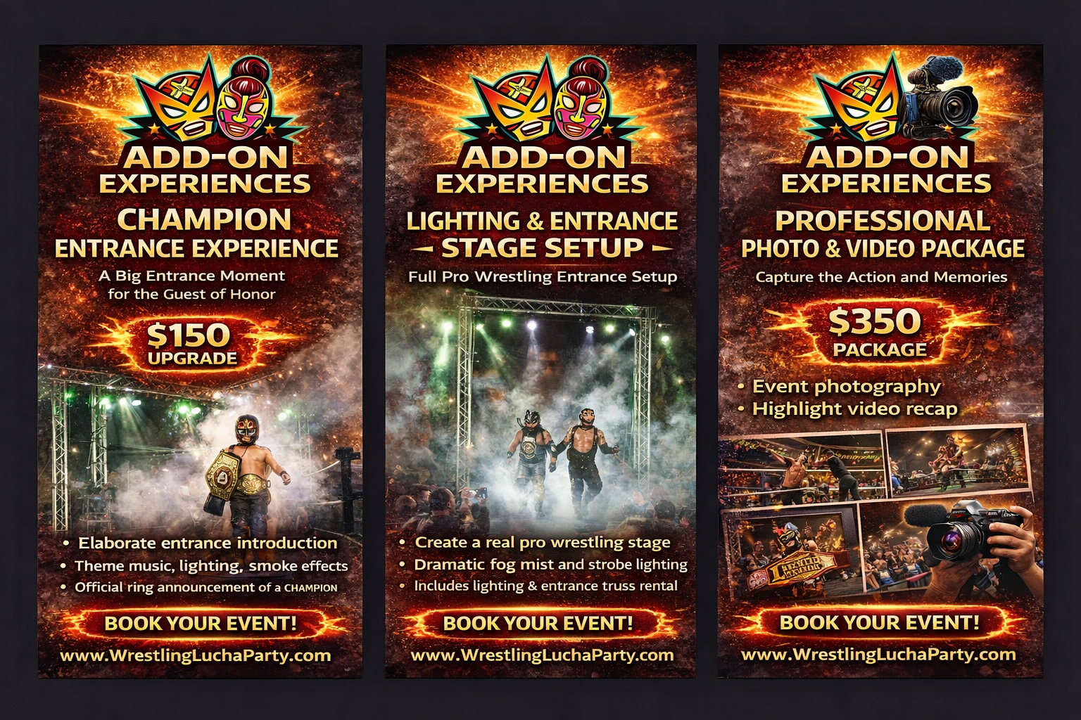 Wrestling Lucha Party pricing - Kids $30, Adults $10, $650 party fee